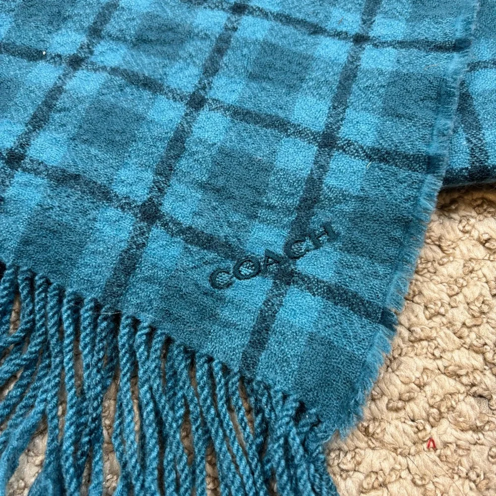 Ladies Coach Reversible Signature Plaid Double Face Fringe‎ End Scarf Dark Teal
